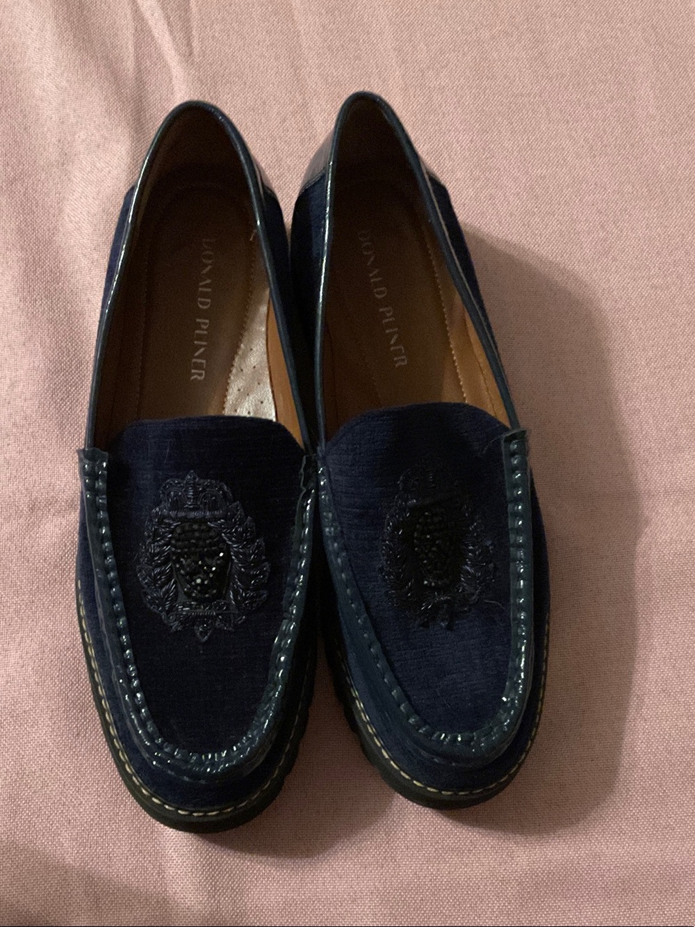 Donald J. Pliner Navy Velvet Embroidered Crest Loafers with Beaded Detail